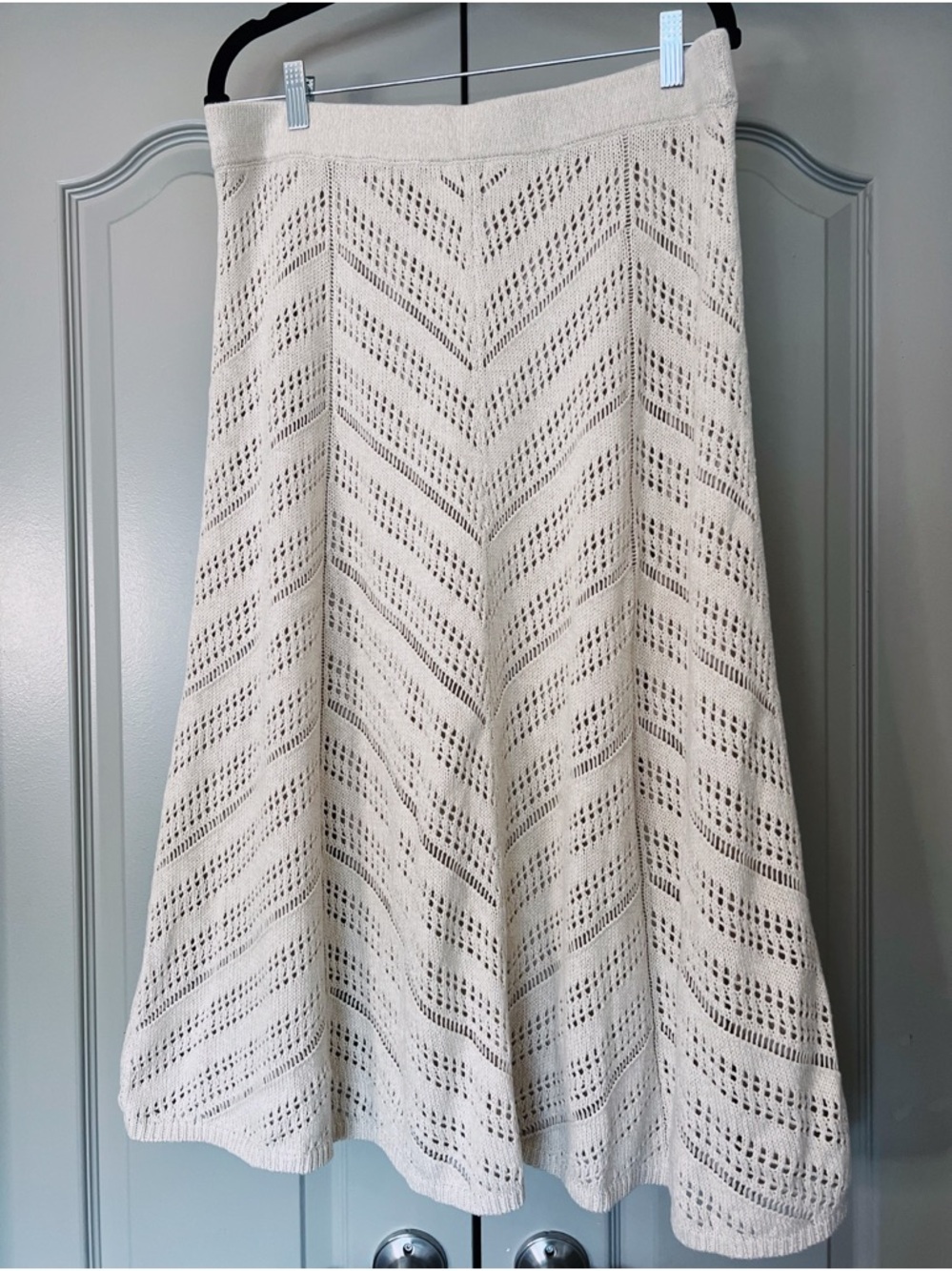 Coldwater Creek Crochet Knit Midi Skirt L Boho Cottagecore Cotton Lined Neutral - Picture 2 of 7